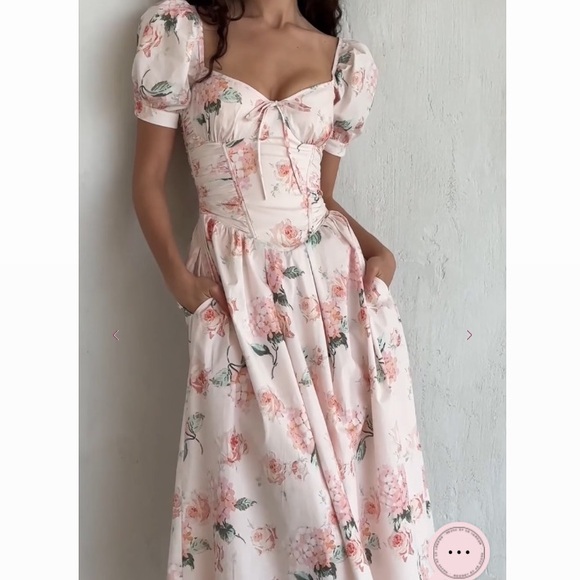 House of CB Dresses & Skirts - House of CB Lulabell Peach Floral Cotton Puff Sleeve Midi Dress Corset Back A-C